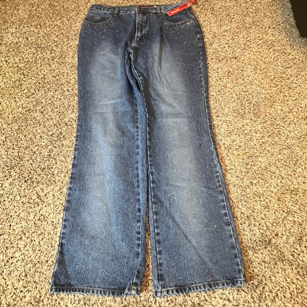 Bill Blass Brittany Jeans Womens 12 Blue‎ Wide Leg Rhinestone High Rise Vintage